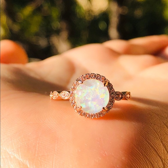 Round Fire Opal Rose Gold Ring - Picture 7 of 8